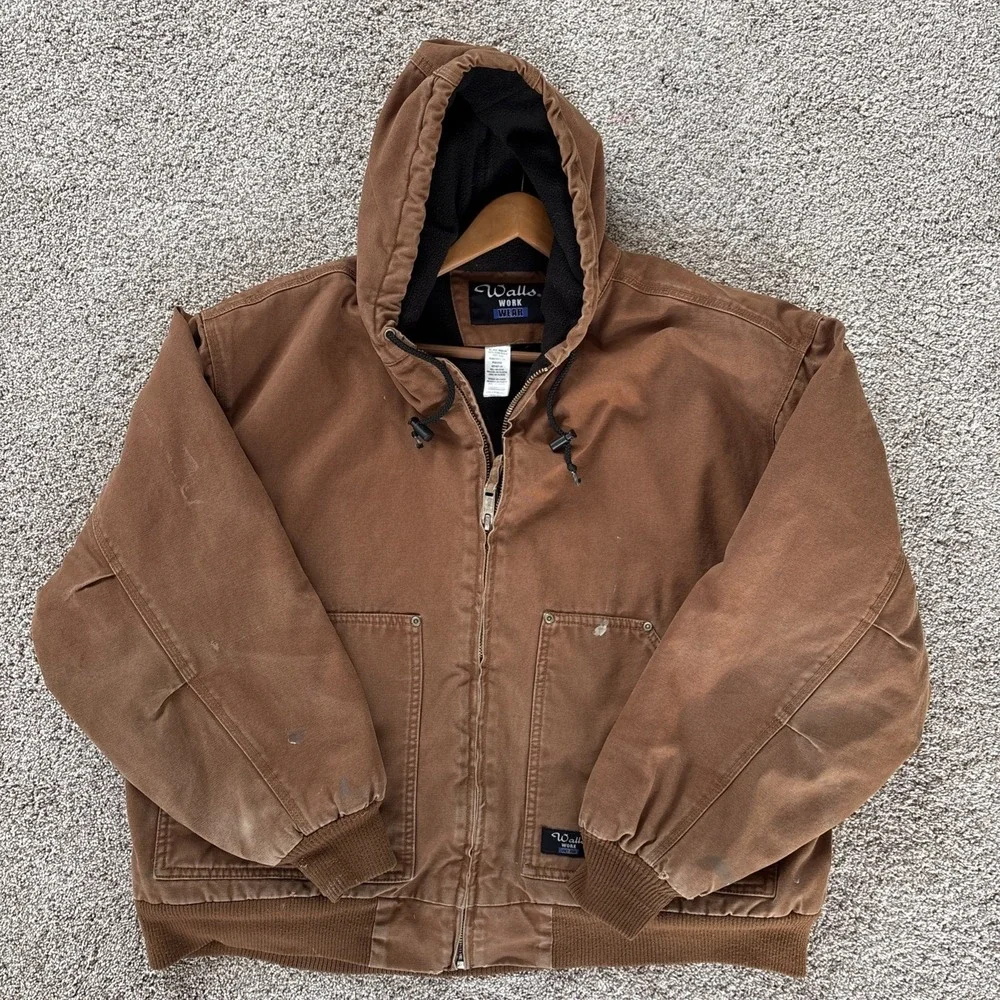 Vtg Walls Work Wear Jacket Men 2XL Brown Duck Canvas Fleece Lined Hooded Grunge